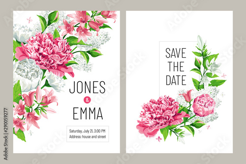 Wedding invitation card. Frame with text and flowers - white and pink Roses, Peons, Campanula and Lilac isolated on white Background.
