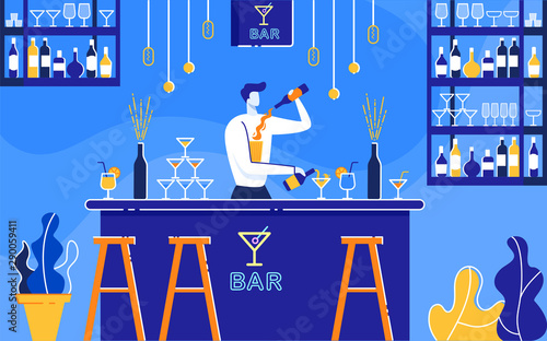 Barman Preparing Alcoholic Cocktails at Bar Flat.