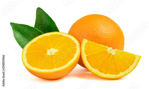 Orange half and slice with leaf isolated on white background with clipping path
