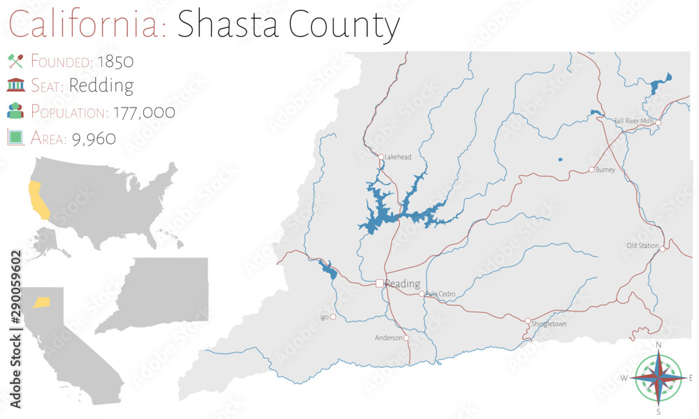 Large and detailed map of Shasta county in California, USA