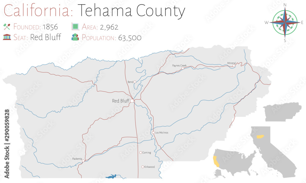 Large and detailed map of Tehama county in California, USA