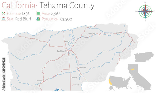 Large and detailed map of Tehama county in California, USA