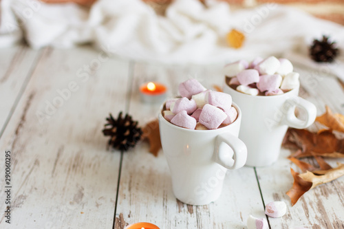 Hot chocolate cacao drink with marshmallows and cinnamon on wooden background.