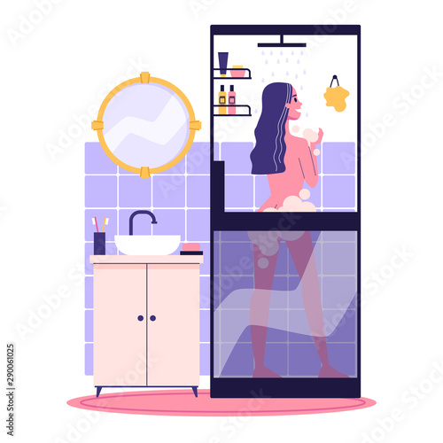Woman taking morning shower in a bathroom