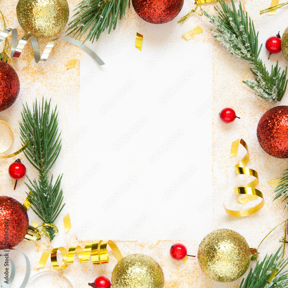 Christmas or New year frame composition. Christmas decorations. Copy space. Holiday and celebration concept. Top view. - Image Christmas or New year frame composition. Christmas decorations. Copy space. Holiday and celebration concept. Top view. - Image