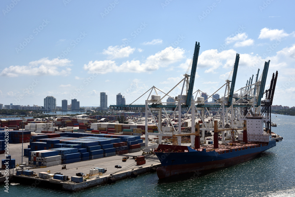 Panoramic view of the container terminal and sea port of Miami, Florida. 