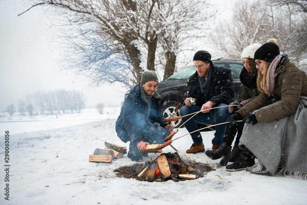 Friends having barbecue on a snowy day - obrazy, fototapety, plakaty 