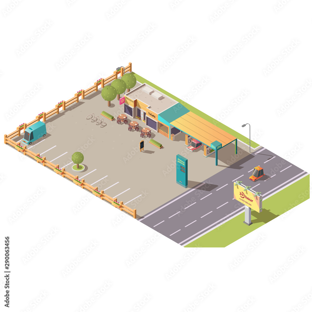 Isometric roadside cafe and gas station buildings, road cafeteria with car and bcycle parking, terrace area with tables, menu, petrol price signboard. Coffee shop for travelers, 3d vector illustration