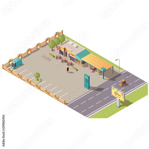 Fototapeta Naklejka Na Ścianę i Meble -  Isometric roadside cafe and gas station buildings, road cafeteria with car and bcycle parking, terrace area with tables, menu, petrol price signboard. Coffee shop for travelers, 3d vector illustration