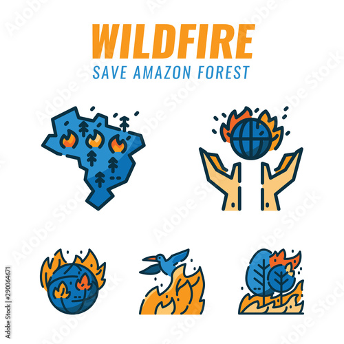 Save amazon forest and wild animals form wildfires. Filled outline icons design. vector illustration