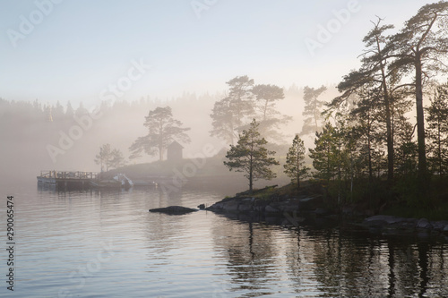 Morning misty landscape with silhouettes of trees, Valaam, Karelia, Russia.