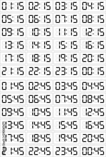 Set of digital clocks for business hours isolated on white. 24 hours version. Quarters (15 and 45 minutes).