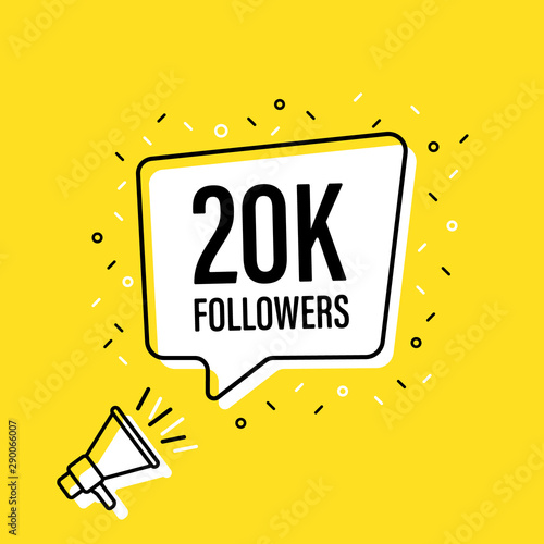 Male hand holding megaphone with 20 000 thousand speech bubble. Loudspeaker. Banner for business, marketing and advertising. Vector illustration.