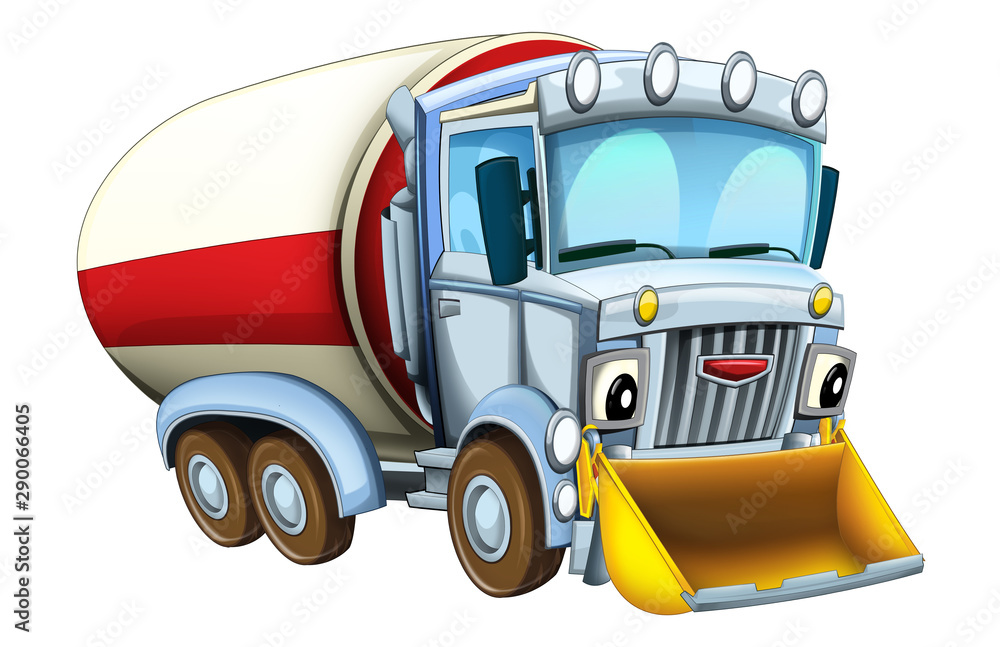 cartoon happy cistern truck with snow plow isolated on white background - illustration for children
