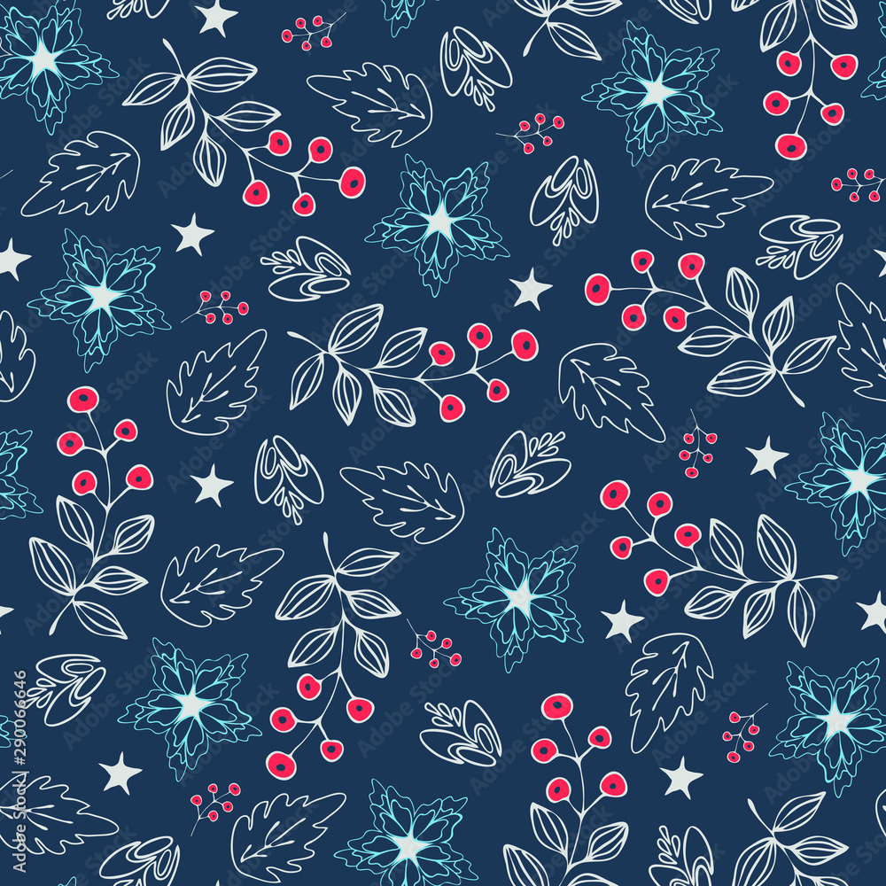 Seamless  Christmas repeat pattern with stars and flowers. Dark blue home decoration vector wallpaper.