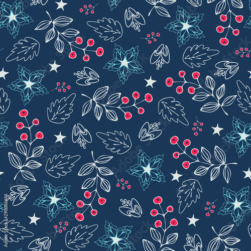 Seamless Christmas repeat pattern with stars and flowers. Dark blue home decoration vector wallpaper.