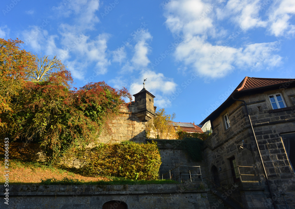 historical medieval city wall defense architecture in Kronach, Germany in autumn