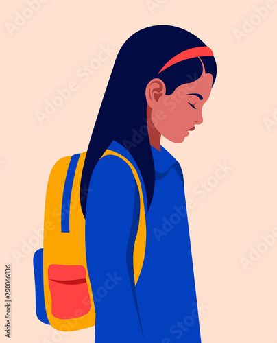 Profile of a sad schoolgirl with a backpack. Tired child after lessons. Vector flat illustration