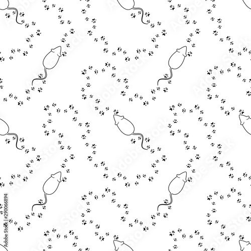 Mouse, rat paw prints minimalistic seamless pattern. Black and white vector illustration.