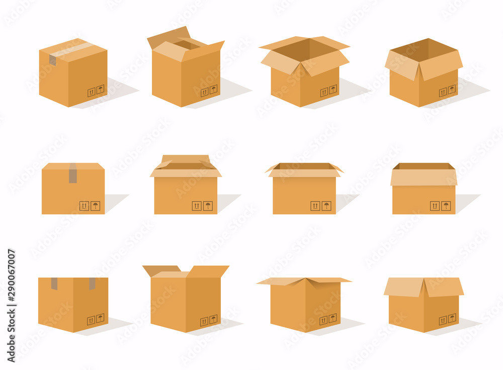 Carton delivery packaging open and closed box with fragile signs. Cardboard box mockup set. Carton delivery packaging open and closed box with fragile signs. Cardboard box mockup set.
