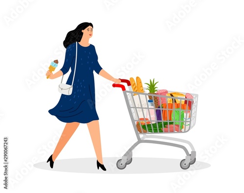 Shopping cart. Supermarket full cart. Shopping woman with ice cream in grocery store vector illustration