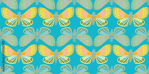 Exotic jungle butterfly seamless summer pattern. Hand drawn butterfly on turquoise backgpound. For fashion, fabric, wallpaper, packaging design, stationary.