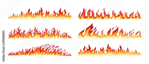 Fire borders on white. Cartoon flame banner border elements, orange burn bounds, blazing line vector images isolated