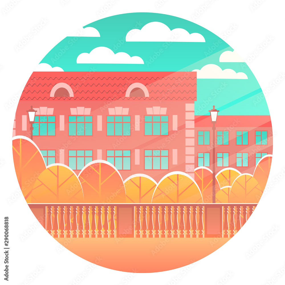 A beautiful city street with residential buildings and yellowed trees. Sunny day with clouds. Vector round illustration.