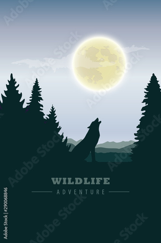 wildlife adventure wolf in the wilderness howling to the full moon vector illustration EPS10