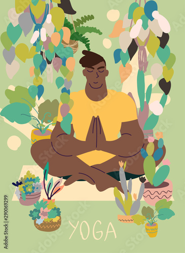 Flat style cartoon cute character, african american man doing meditation in yoga pose at home surrounded by plants. Healthcare, wellbeing, exercise, stress relief concept. Minimal vector illustration.