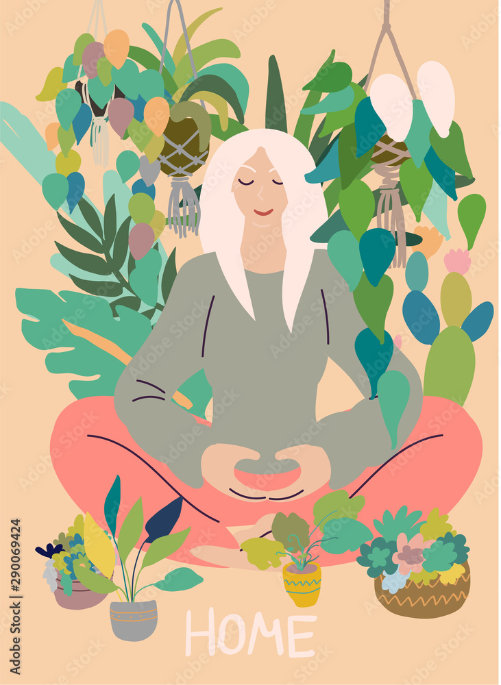 Flat style cartoon cute character, woman doing meditation in yoga pose at home surrounded by plants. Healthcare, wellbeing, exercise, stress relief concept. Minimal vector illustration. Stock Vector | Adobe Stock Flat style cartoon cute character, woman doing meditation in yoga pose at home surrounded by plants. Healthcare, wellbeing, exercise, stress relief concept. Minimal vector illustration. Stock Vector | Adobe Stock