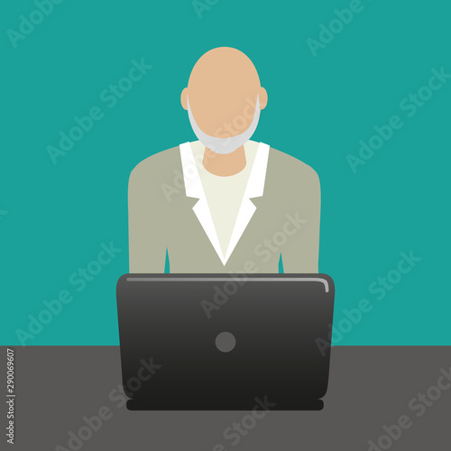 grandpa with laptop is working with computer vector illustration EPS10