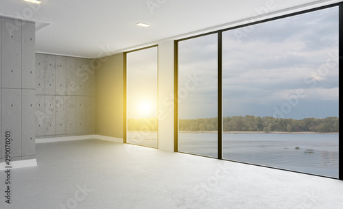 Meeting room in shades of gray. Open space. Great office. Sunset.
