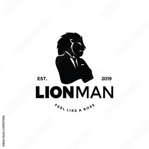 Lion worker man logo silhouette with head of animal and human body. unique cool design. wear suit coat, tie like a boss. Cool Stand out.