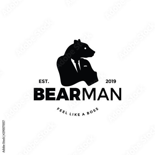Bear man worker logo silhouette with head of animal and human body. unique cool design. wear suit coat, tie like a boss. Cool Stand out.