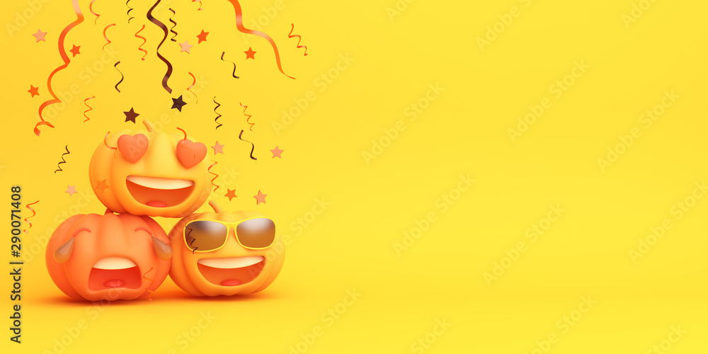Cute cartoon pumpkin, confetti on orange background. Design creative concept of happy halloween celebration holiday. 3D rendering illustration.