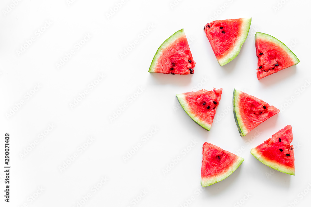 Slices of watermelon on white background top view mock up Slices of watermelon on white background top view mock up