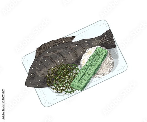Ikan bakar on plate hand drawn vector illustration