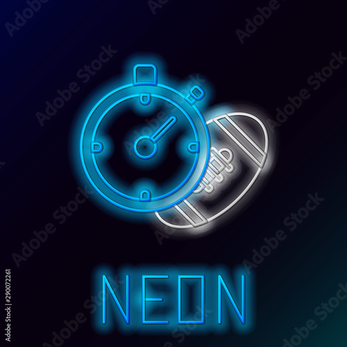 Blue glowing neon line American Football ball and stopwatch icon isolated on black background. Set of sport equipment. Colorful outline concept. Vector Illustration