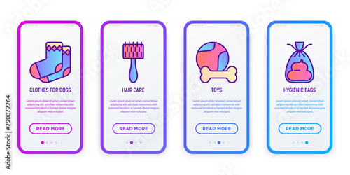 Pet shop user mobile interface. Pet clothing, brush, toys, hygienic bags thin line icon. Modern vector illustration.
