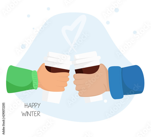 Vector Illustration of Clink Cups of Hot Chocolate in Flat Cartoon Style. Concept Design of Couple Hands, that Clinks with Coffee Cups. Usable like Banner, Poster, Flyer  of Valentine Day, Christmas