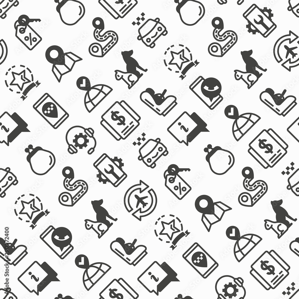 Taxi app seamless pattern with thin line icons: payment method, promocode, app settings, info, support service, phone number, location, pointer, route, destination, child seat. Vector illustration. Taxi app seamless pattern with thin line icons: payment method, promocode, app settings, info, support service, phone number, location, pointer, route, destination, child seat. Vector illustration.