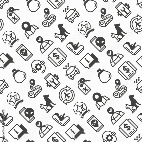 Taxi app seamless pattern with thin line icons: payment method, promocode, app settings, info, support service, phone number, location, pointer, route, destination, child seat. Vector illustration.