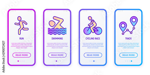 Triathlon competition mobile user interface. Thin line icons: runner, swimmer, cycling race, track. Modern vector illustration for mobile app.