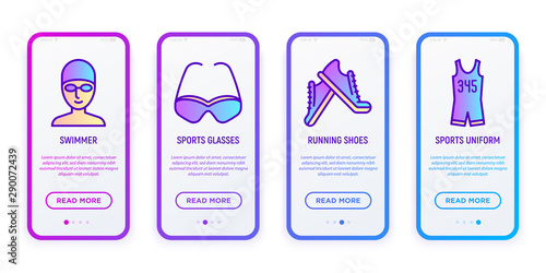 Sportswear mobile user interface. Thin line icons: swimming cap, goggles, running shoes, skinsuit. Modern vector illustration for sport shop.
