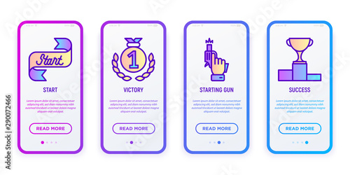 Sport competition user mobile interface. Thin line icons: start, starting gun, medal, success, trophy. Modern vector illustration.