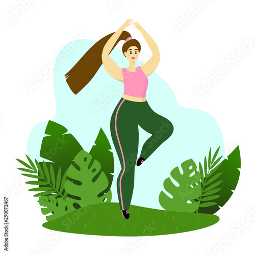 Plump chubby girl practices yoga. tree pose. healthy lifestyle. body positive.