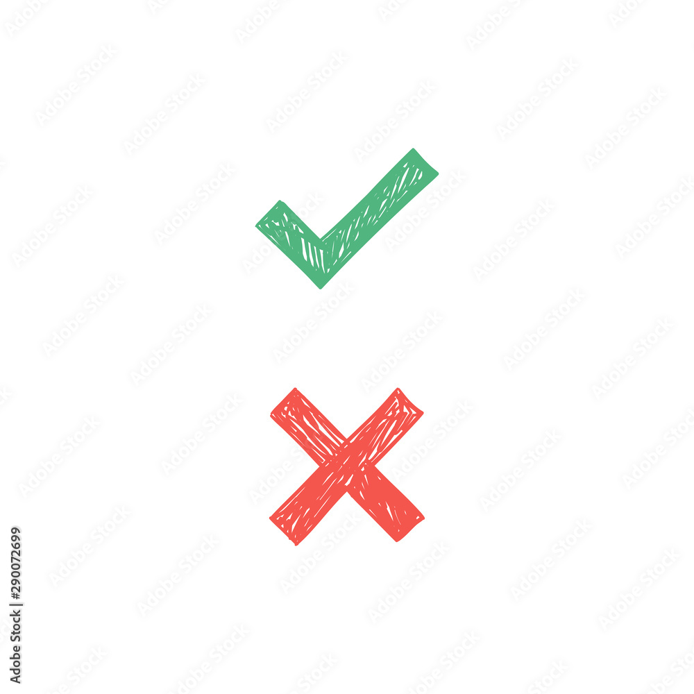 Obraz premium Checkmark doodles. Green tick and red x. Hand drawn check marks.