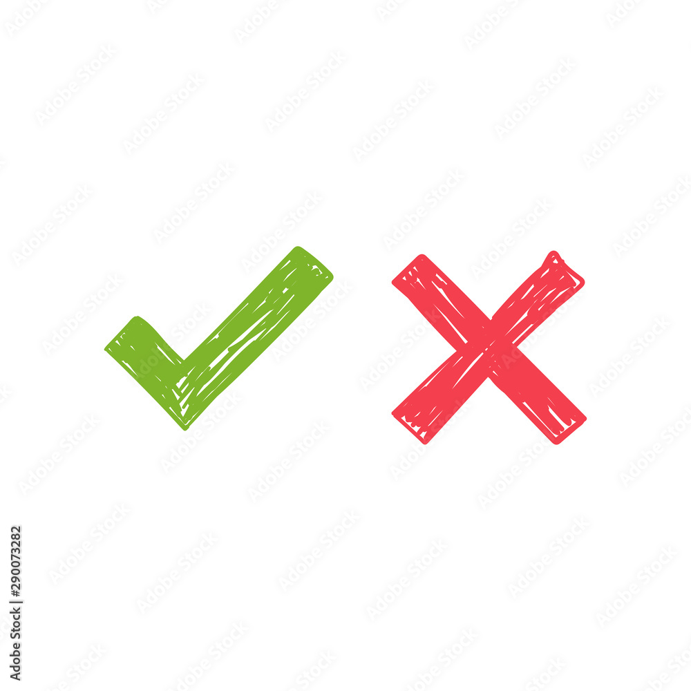 Obraz premium Checkmark doodles. Green tick and red x. Hand drawn check marks.