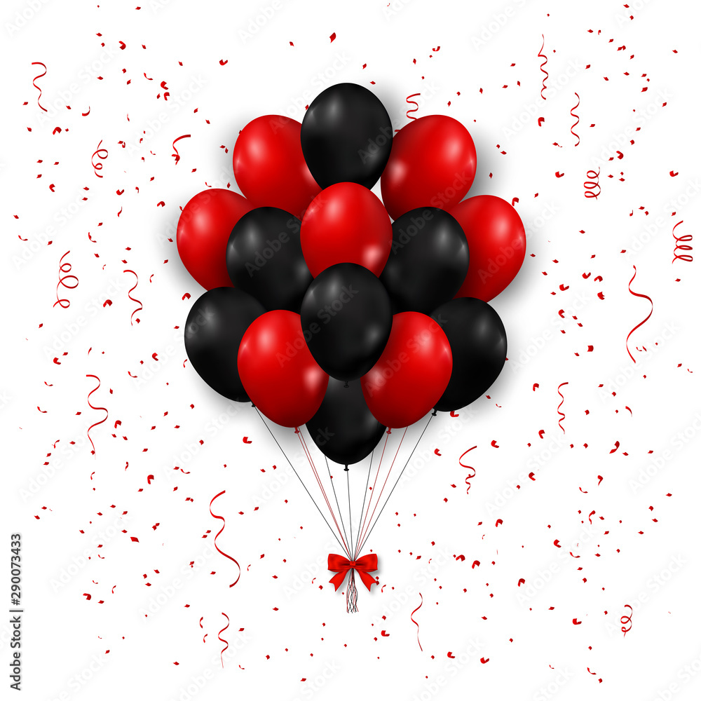 Red and black balloons, vector illustration. Confetti and ribbons ...